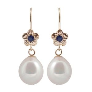14K Gold Earrings with Genuine Pearl and Sapphire